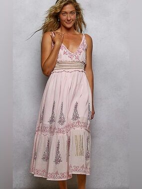 POL Pink Embroidered V-Neck Boho Maxi Dress